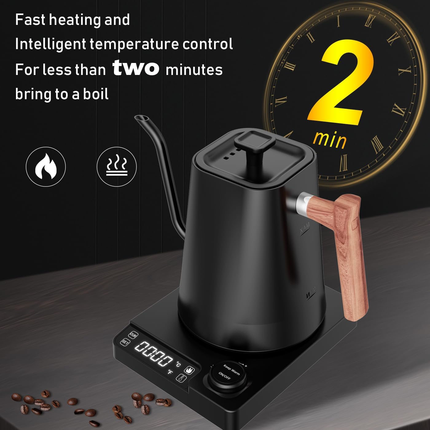 1 L Stainless Steel Kettle, Gooseneck Kettle, 24-Hour Heat Function Tea Kettle, 1200 W Quick Heating with Temperature Display, Coffee Kettle