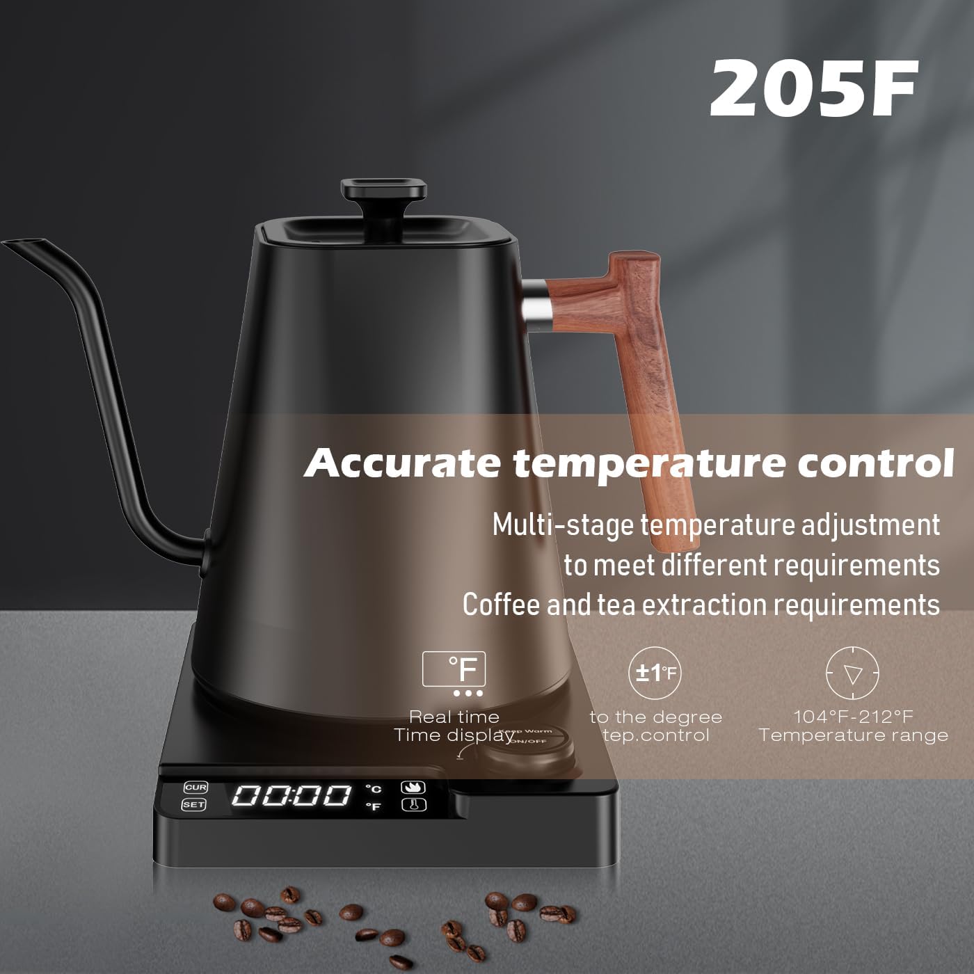 1 L Stainless Steel Kettle, Gooseneck Kettle, 24-Hour Heat Function Tea Kettle, 1200 W Quick Heating with Temperature Display, Coffee Kettle