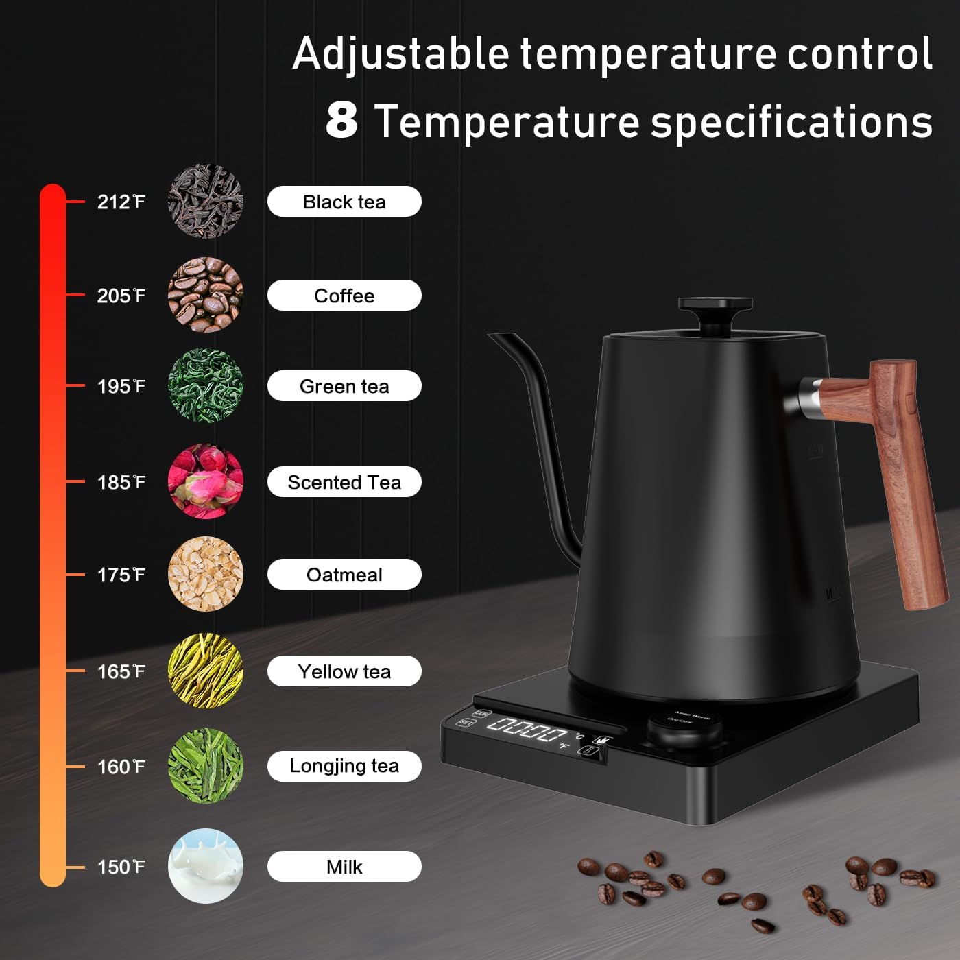 1 L Stainless Steel Kettle, Gooseneck Kettle, 24-Hour Heat Function Tea Kettle, 1200 W Quick Heating with Temperature Display, Coffee Kettle