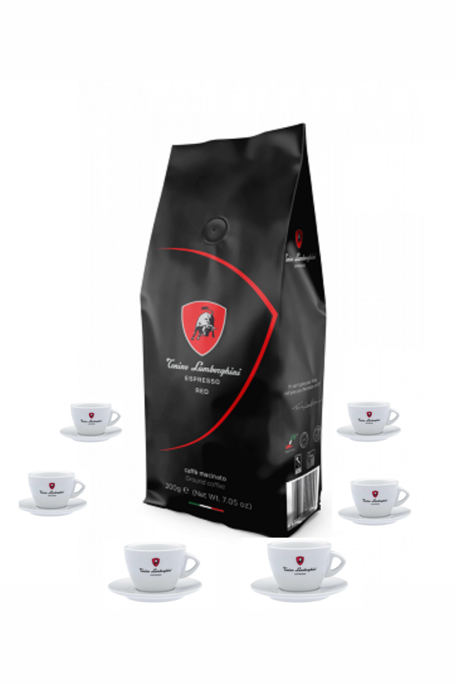 TONINO LAMBORGHINI RED - 1 kg kahve çekirdeği seti, 6 adet porselen espresso fincanıyla birlikte