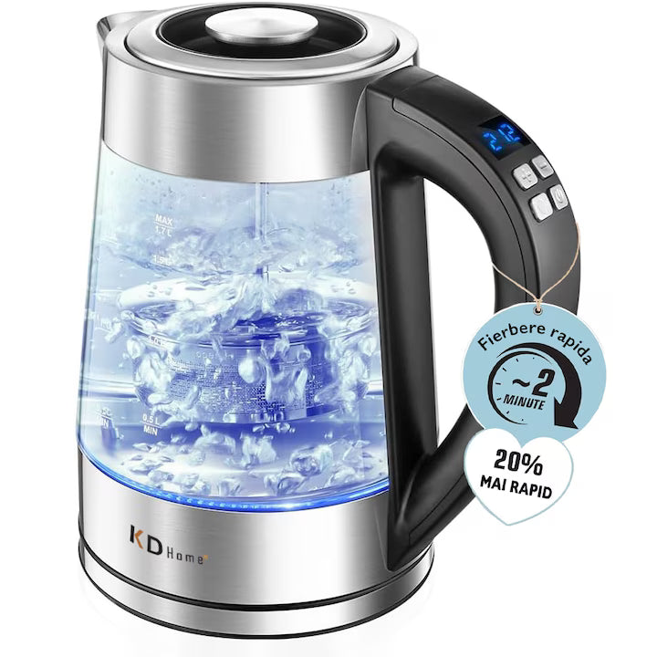 KD Home® SteamMate elektrikli su ısıtıcısı, çay demleme aparatı, 1,7 l kapasite, maksimum güç 2500 W, dijital panel, ayarlanabilir sıcaklık, hızlı kaynatma, ayrı kapak, otomatik kapanma, taşma koruması, "Sıcak tutma" fonksiyonu