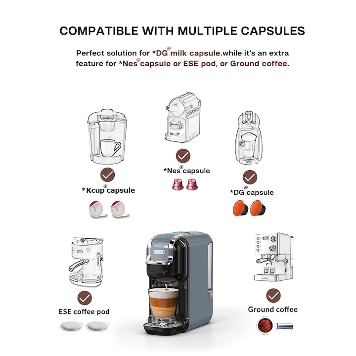 Universal 5'i 1 arada kahve makinesi HiBREW H2B, 19 bar, 1450W, 600ml, Termoblok, Nespresso kapsülleri, Dolce Gusto, KCup, ESE kapsülleri ve öğütülmüş kahve ile uyumlu, gri