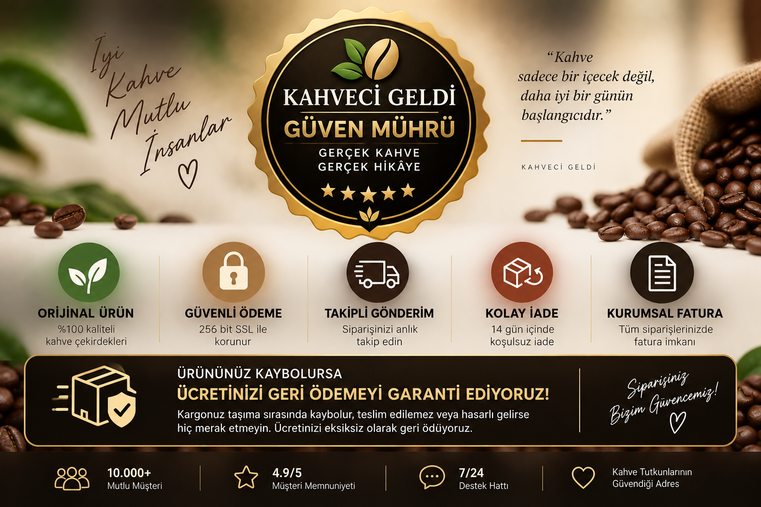Kahveci Geldi Güven Mühürü — Gerçek Kahve, Gerçek Hikaye. Orijinal ürün, güvenli ödeme, takipli gönderim, kolay iade, kurumsal fatura ve para iadesi garantisi.