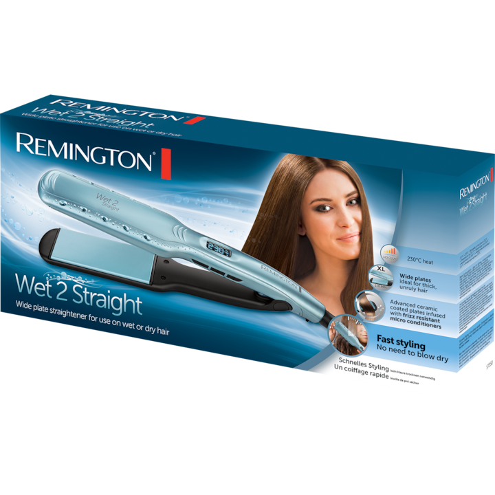 Remington Wet2Straight S7350 Saç Düzleştirici, Geniş Plakalar, Argan Yağı ve E Vitamini İçeren Seramik Kaplama, 140-230ºC, Mavi