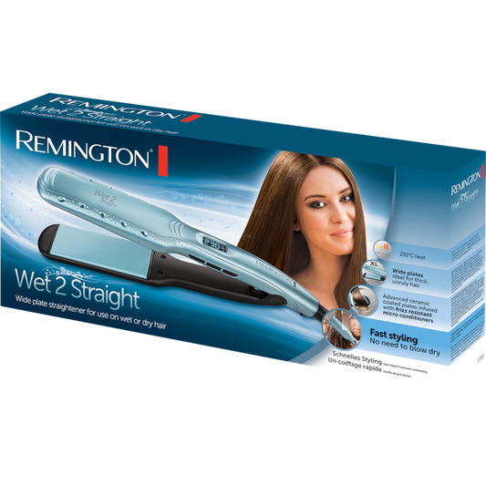 Remington Wet2Straight S7350 Saç Düzleştirici, Geniş Plakalar, Argan Yağı ve E Vitamini İçeren Seramik Kaplama, 140-230ºC, Mavi