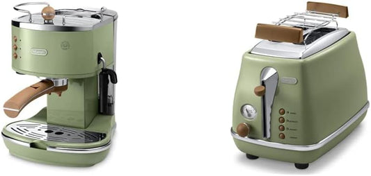 De'Longhi ECOV 311.GR Espresso Portafilter Machine (1100 Watt) & De'Longhi CTOV 2103.GR Toaster Icona Vintage, olive