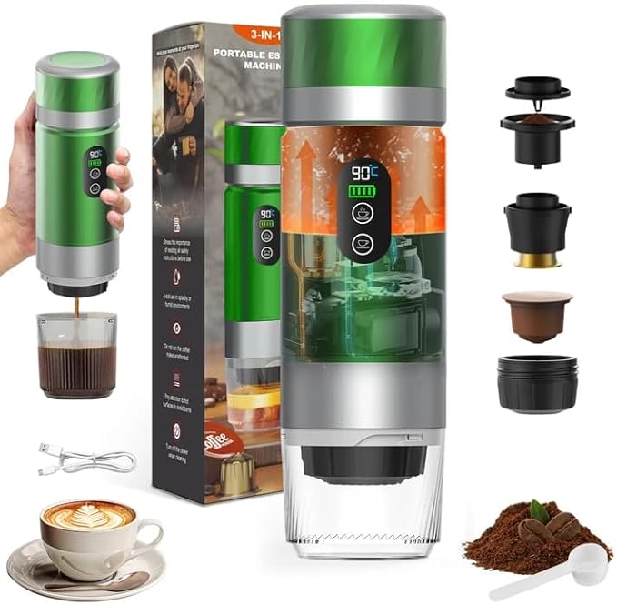ÖN SİPARİŞ - Taşınabilir Outin Espresso Makinesi Kahve Makinesi, 3'ü 1 Arada Seyahat Kahve Makinesi, Elektrikli Isıtıcı, Şarj Edilebilir 12 V Kahve Makinesi, Espresso Kapsülleri ve Öğütülmüş Kahve ile Uyumlu (Yeşil)