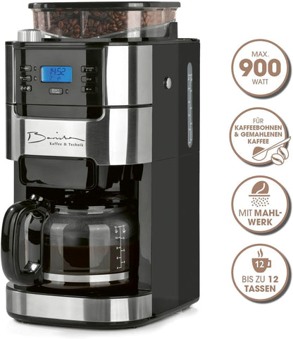 Barista Filterkaffeemaschine mit verstellbarem Mahlwerk & Glaskanne | Warmhaltefunktion, 24h Timer & Permanentfilter | Für 10 Tassen Kaffee | Kaffeemaschine für Bohnen & Pulver [Edelstahl]