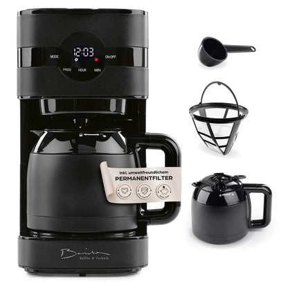 Barista Filterkaffeemaschine mit verstellbarem Mahlwerk & Glaskanne | Warmhaltefunktion, 24h Timer & Permanentfilter | Für 10 Tassen Kaffee | Kaffeemaschine für Bohnen & Pulver [Edelstahl]
