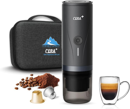 CERA+ Máquina de Espresso Eléctrica Portátil Auto-calentamiento en 3-4 minuti, compatible with ground coffee and NS capsule, with portable bag