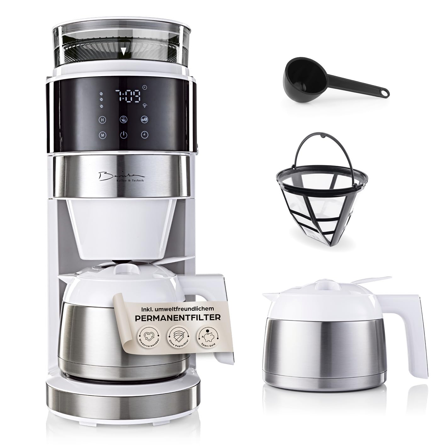 Barista Filterkaffeemaschine mit verstellbarem Mahlwerk & Glaskanne | Warmhaltefunktion, 24h Timer & Permanentfilter | Für 10 Tassen Kaffee | Kaffeemaschine für Bohnen & Pulver [Edelstahl]