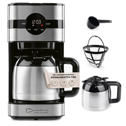 Barista Filterkaffeemaschine mit verstellbarem Mahlwerk & Glaskanne | Warmhaltefunktion, 24h Timer & Permanentfilter | Für 10 Tassen Kaffee | Kaffeemaschine für Bohnen & Pulver [Edelstahl]