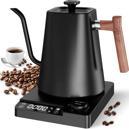 1 L Stainless Steel Kettle, Gooseneck Kettle, 24-Hour Heat Function Tea Kettle, 1200 W Quick Heating with Temperature Display, Coffee Kettle