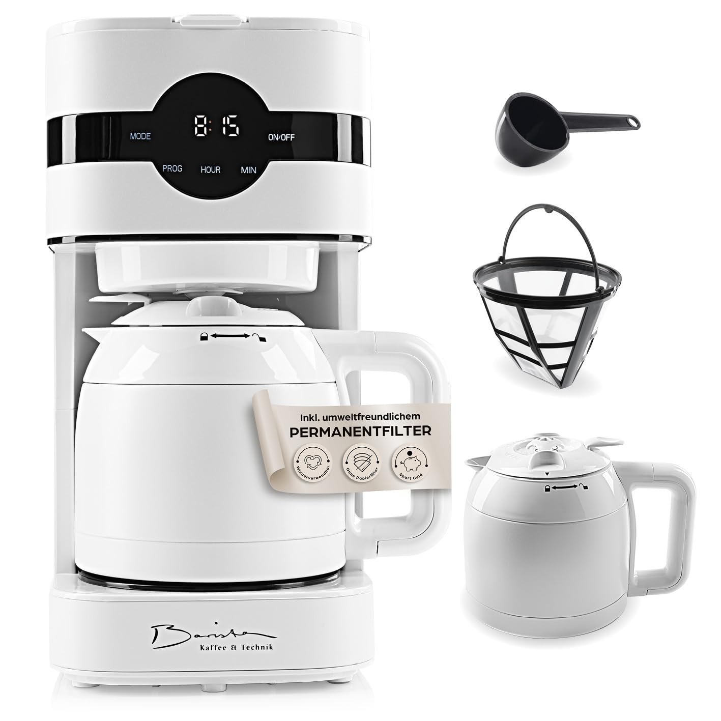 Barista Filterkaffeemaschine mit verstellbarem Mahlwerk & Glaskanne | Warmhaltefunktion, 24h Timer & Permanentfilter | Für 10 Tassen Kaffee | Kaffeemaschine für Bohnen & Pulver [Edelstahl]