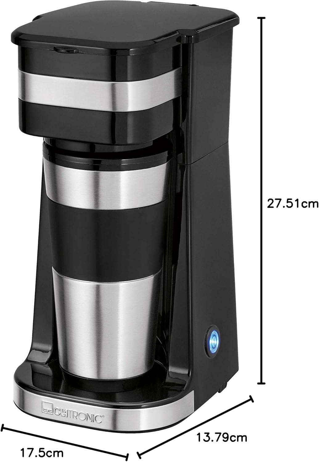 Clatronic KA 3733 1 Cup Coffee Machine Including Double-Walled Thermal Stainless Steel Mug, Aroma Closure Lid with Drinking Opening, 400 ml Capacity, Suitable for All Standard Cup Holders