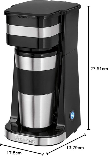 Clatronic KA 3733 1 Cup Coffee Machine Including Double-Walled Thermal Stainless Steel Mug, Aroma Closure Lid with Drinking Opening, 400 ml Capacity, Suitable for All Standard Cup Holders