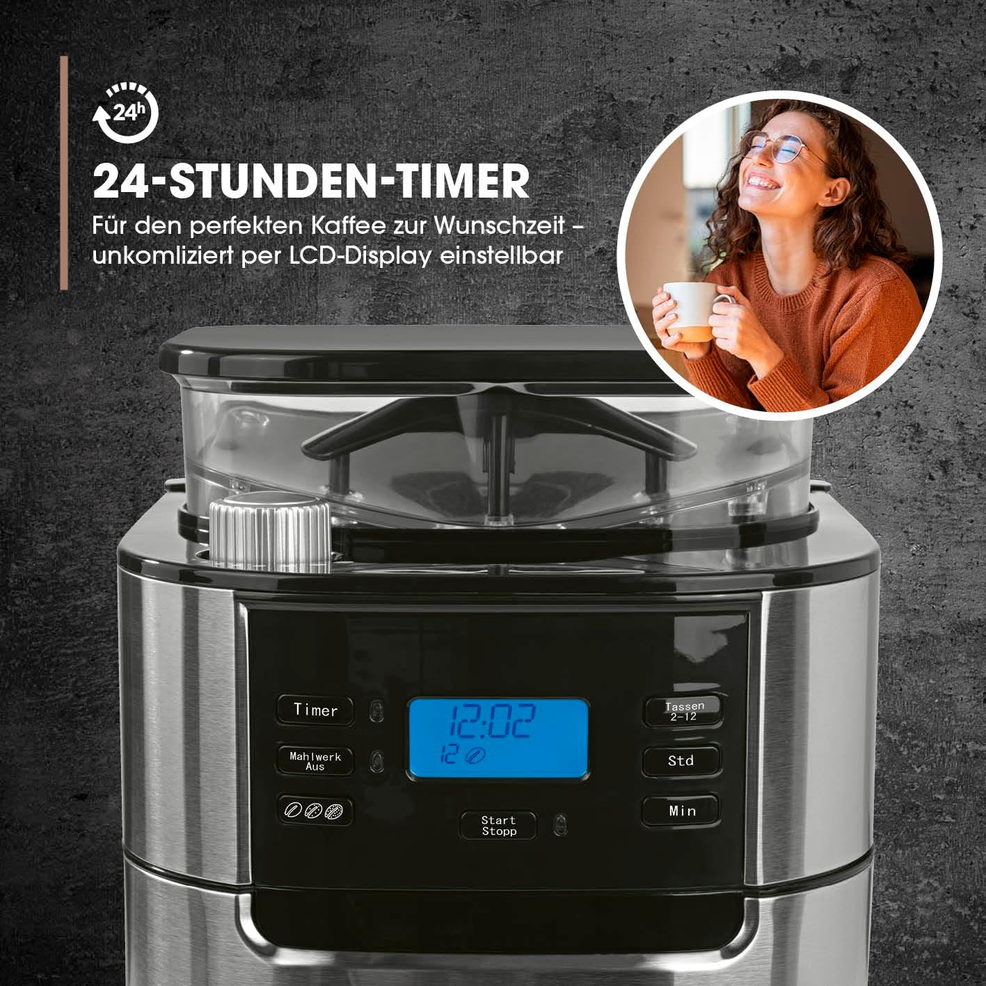 Barista Filterkaffeemaschine mit verstellbarem Mahlwerk & Glaskanne | Warmhaltefunktion, 24h Timer & Permanentfilter | Für 10 Tassen Kaffee | Kaffeemaschine für Bohnen & Pulver [Edelstahl]