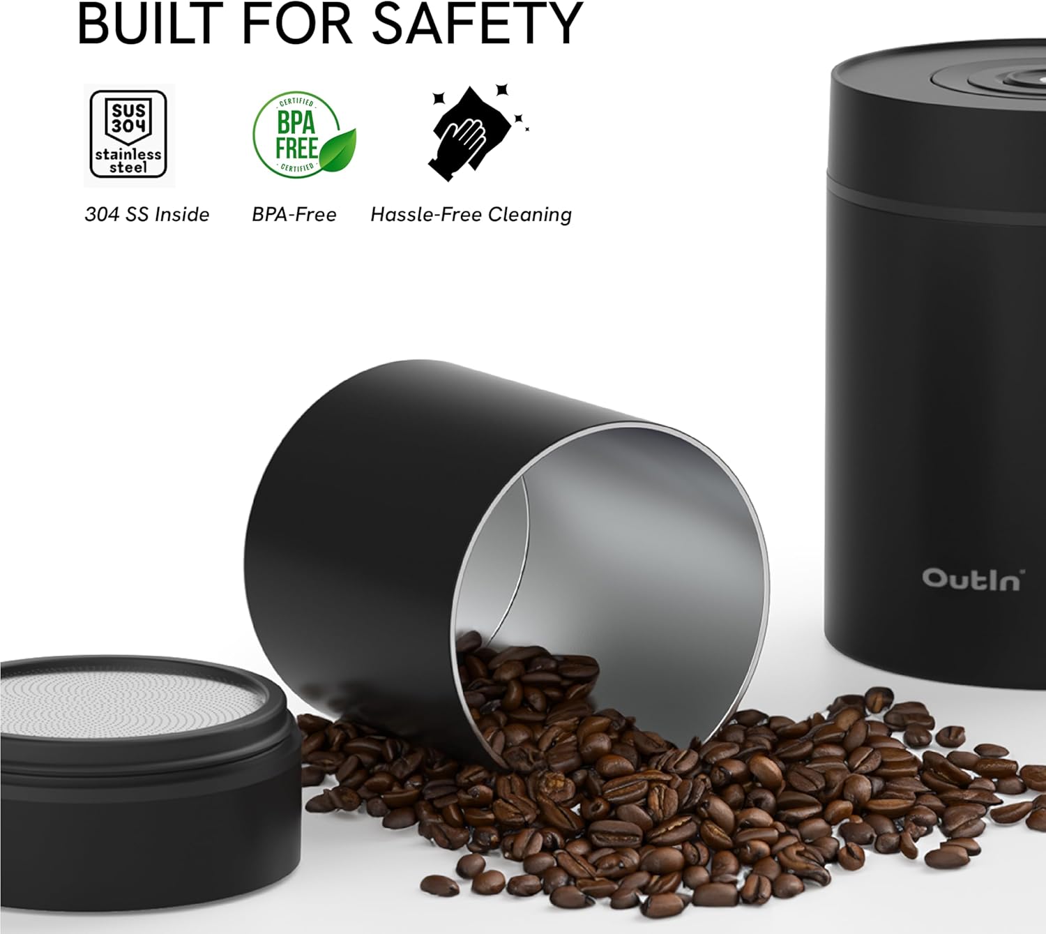 OutIn Electric Coffee Canister, Stainless Steel Coffee Canister, Automatic Vacuum Coffee Bean Storage, One Button Operation, for Ground Coffee, Baristas and Home Use (500ml Black)