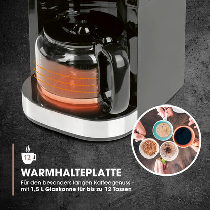 Barista Filterkaffeemaschine mit verstellbarem Mahlwerk & Glaskanne | Warmhaltefunktion, 24h Timer & Permanentfilter | Für 10 Tassen Kaffee | Kaffeemaschine für Bohnen & Pulver [Edelstahl]