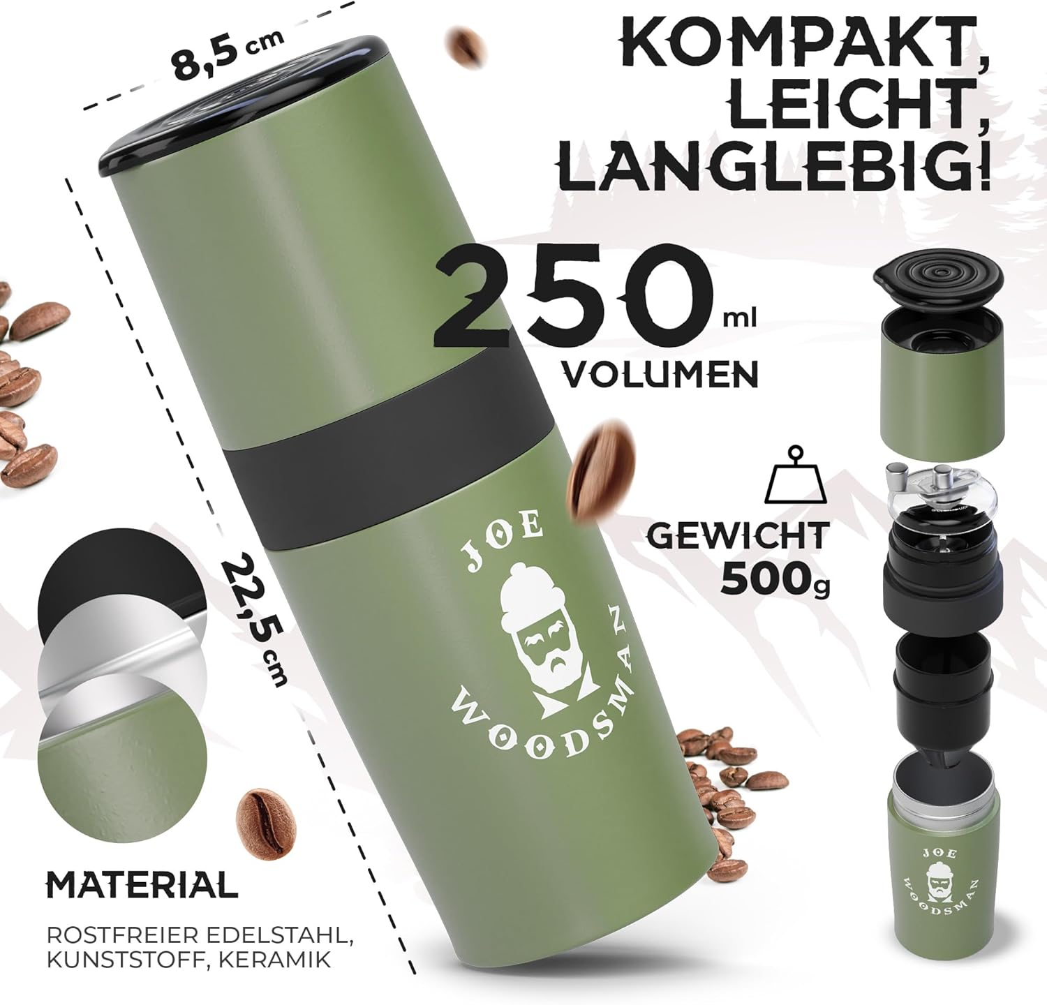 Joe WOODSMAN Travel Coffee Machine - All-in-One Mug and Coffee Machine for Hiking, Trekking, Camping and Festivals - Discover Now!