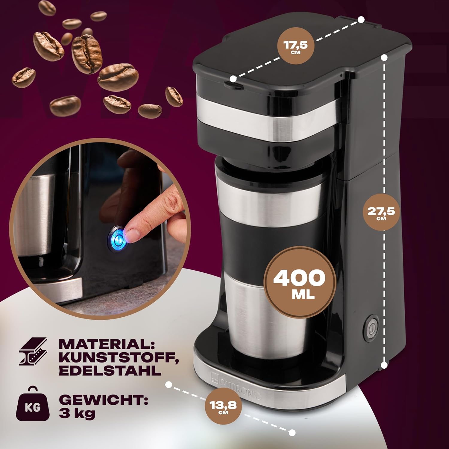 Clatronic KA 3733 1 Cup Coffee Machine Including Double-Walled Thermal Stainless Steel Mug, Aroma Closure Lid with Drinking Opening, 400 ml Capacity, Suitable for All Standard Cup Holders