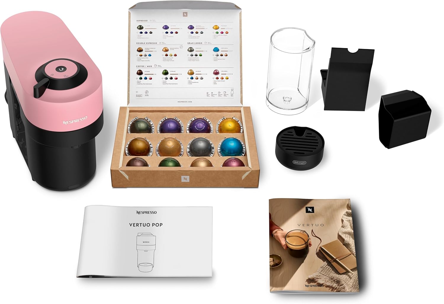 Nespresso De'Longhi Vertuo Pop ENV90.P Capsule Coffee Machine, Cold Brew Function, 4 Cup Sizes, Bluetooth & Wi-Fi Connectivity, 1 Cup Coffee Machine with Welcome Pack, Pink