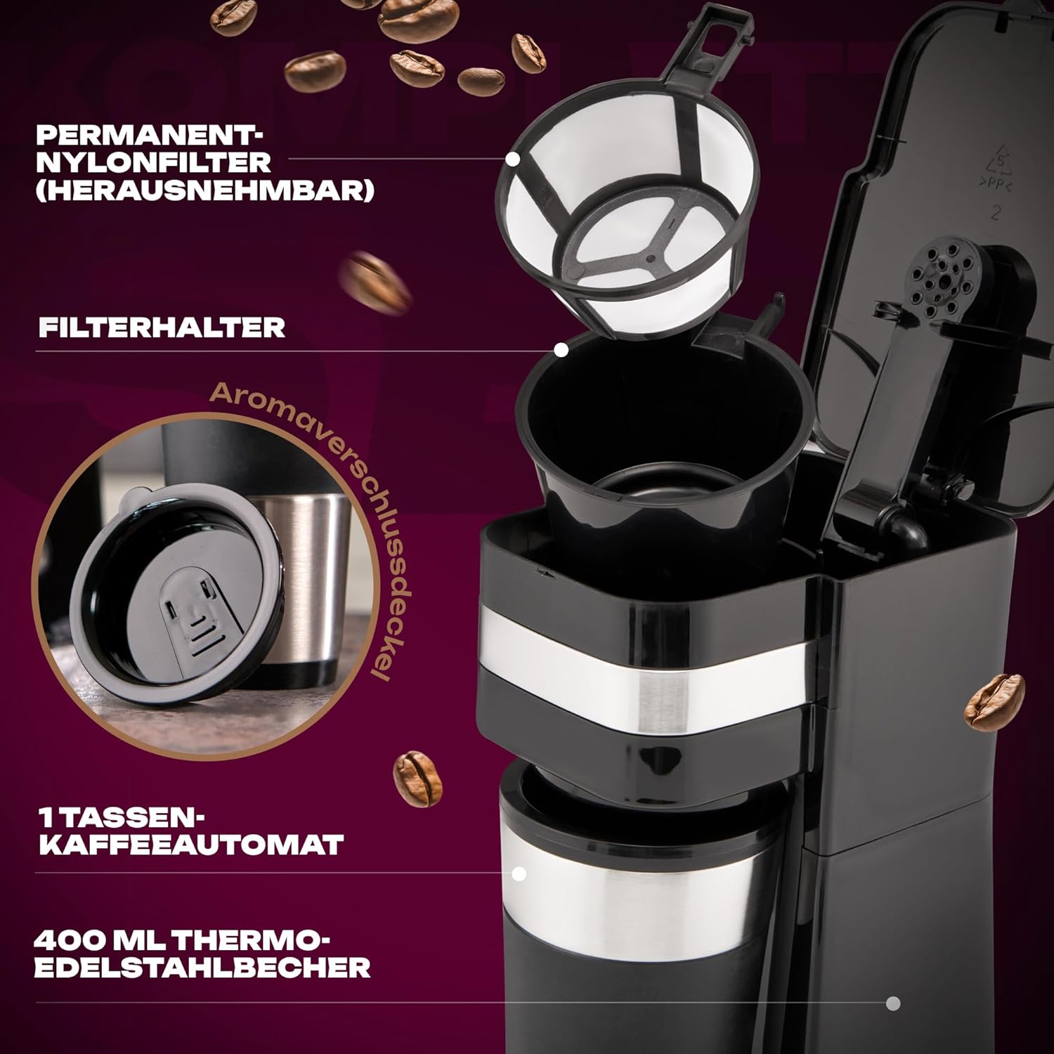 Clatronic KA 3733 1 Cup Coffee Machine Including Double-Walled Thermal Stainless Steel Mug, Aroma Closure Lid with Drinking Opening, 400 ml Capacity, Suitable for All Standard Cup Holders