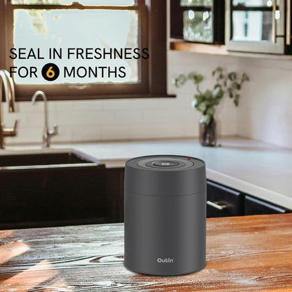 OutIn Electric Coffee Canister, Stainless Steel Coffee Canister, Automatic Vacuum Coffee Bean Storage, One Button Operation, for Ground Coffee, Baristas and Home Use (500ml Black)