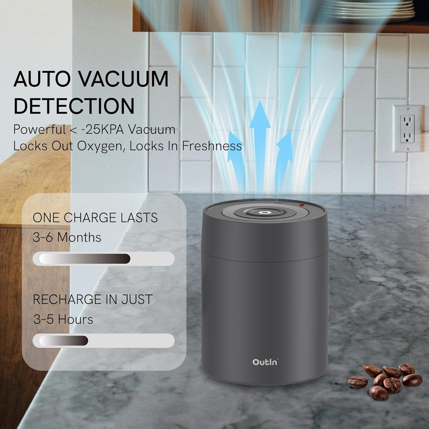 OutIn Electric Coffee Canister, Stainless Steel Coffee Canister, Automatic Vacuum Coffee Bean Storage, One Button Operation, for Ground Coffee, Baristas and Home Use (500ml Black)