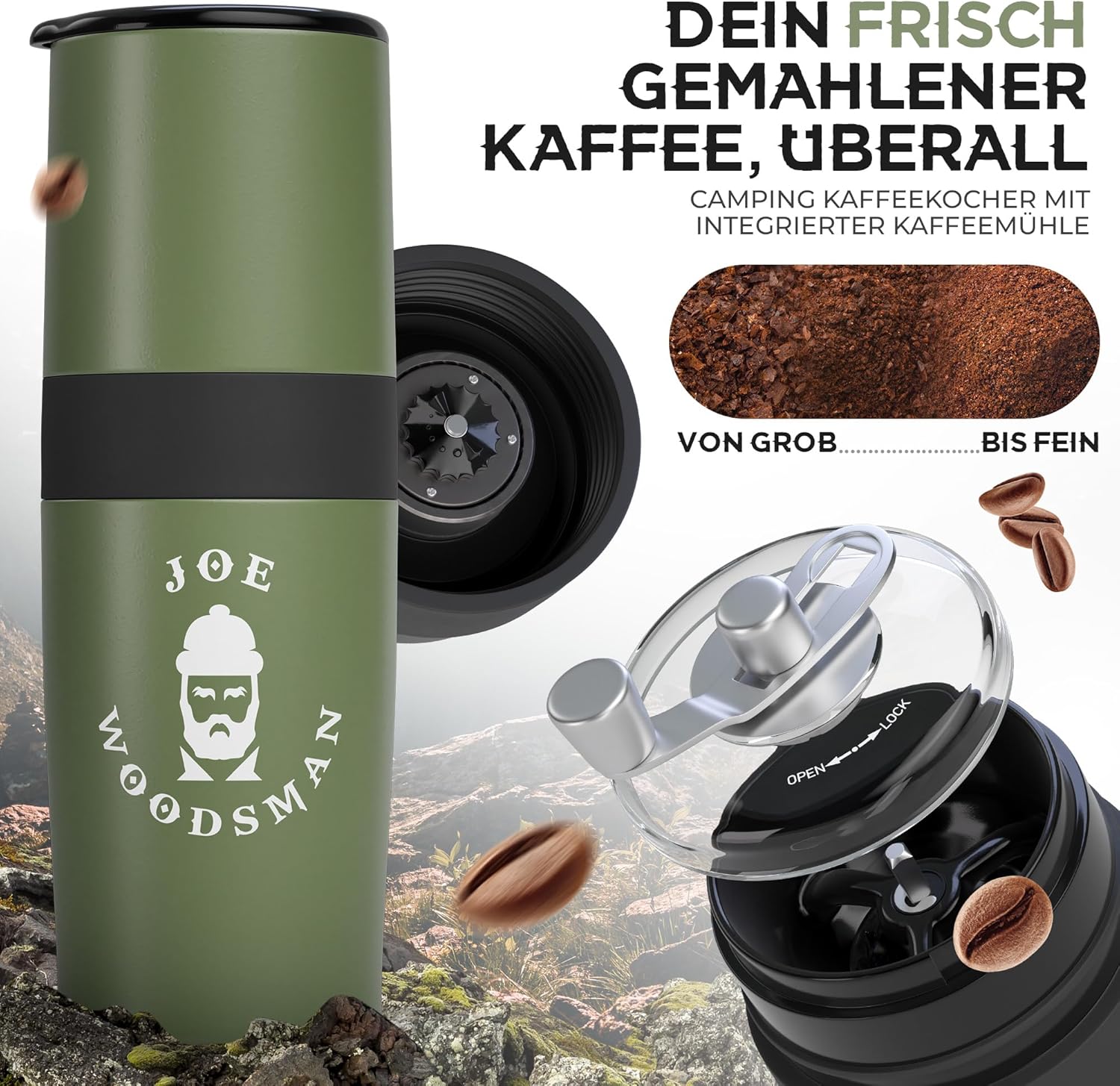 Joe WOODSMAN Travel Coffee Machine - All-in-One Mug and Coffee Machine for Hiking, Trekking, Camping and Festivals - Discover Now!