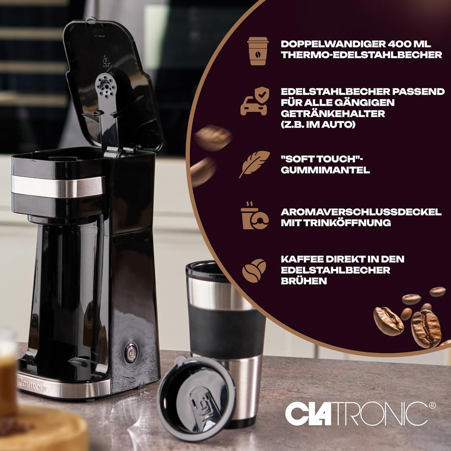 Clatronic KA 3733 1 Cup Coffee Machine Including Double-Walled Thermal Stainless Steel Mug, Aroma Closure Lid with Drinking Opening, 400 ml Capacity, Suitable for All Standard Cup Holders