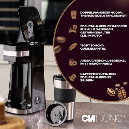 Clatronic KA 3733 1 Cup Coffee Machine Including Double-Walled Thermal Stainless Steel Mug, Aroma Closure Lid with Drinking Opening, 400 ml Capacity, Suitable for All Standard Cup Holders