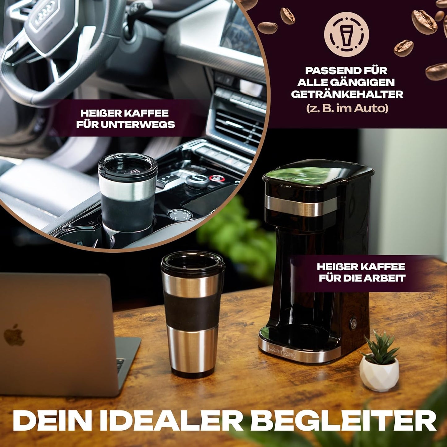 Clatronic KA 3733 1 Cup Coffee Machine Including Double-Walled Thermal Stainless Steel Mug, Aroma Closure Lid with Drinking Opening, 400 ml Capacity, Suitable for All Standard Cup Holders