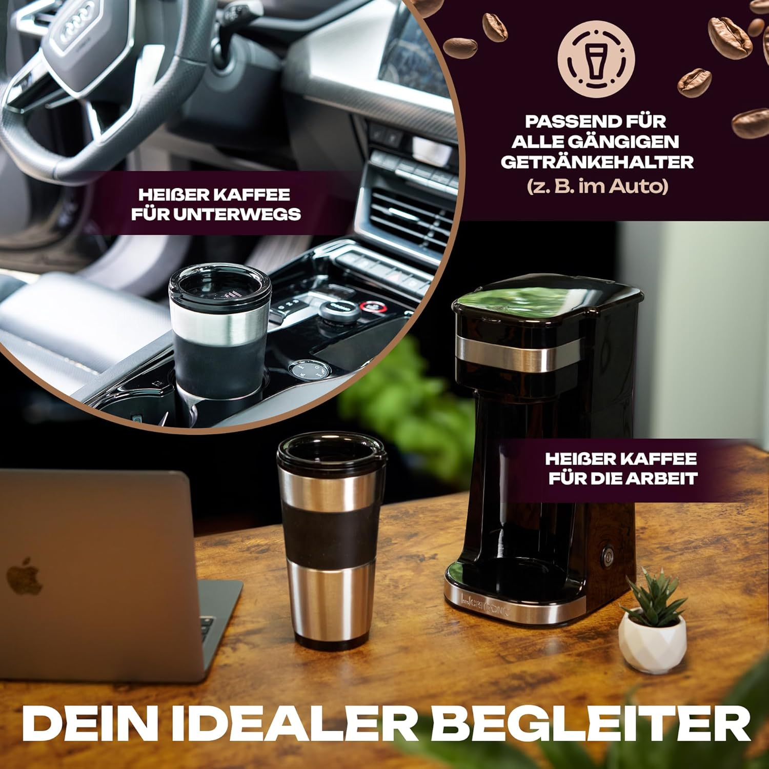 Clatronic KA 3733 1 Cup Coffee Machine Including Double-Walled Thermal Stainless Steel Mug, Aroma Closure Lid with Drinking Opening, 400 ml Capacity, Suitable for All Standard Cup Holders