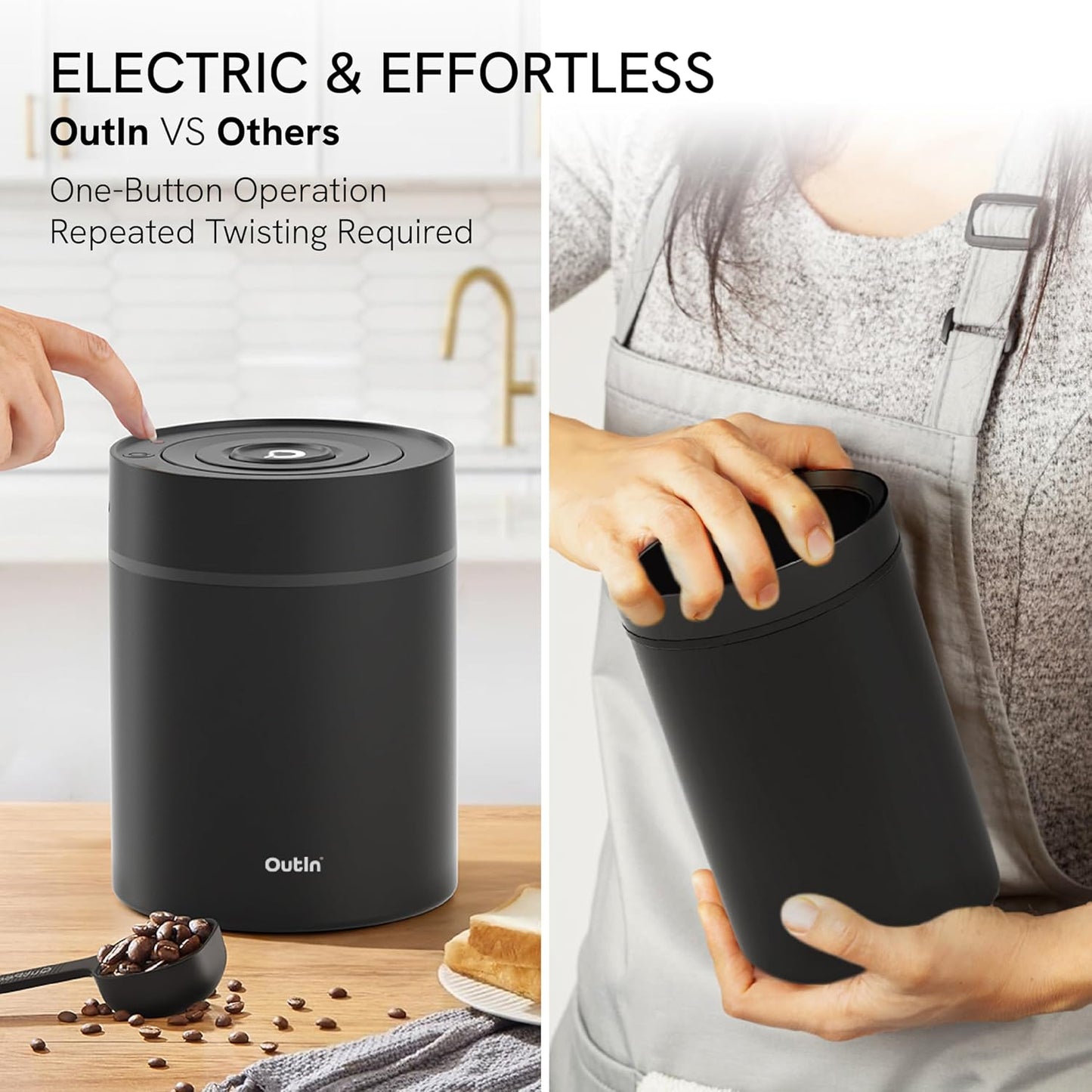 OutIn Electric Coffee Canister, Stainless Steel Coffee Canister, Automatic Vacuum Coffee Bean Storage, One Button Operation, for Ground Coffee, Baristas and Home Use (500ml Black)
