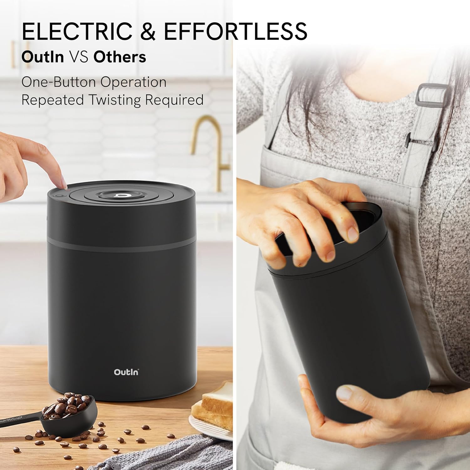 OutIn Electric Coffee Canister, Stainless Steel Coffee Canister, Automatic Vacuum Coffee Bean Storage, One Button Operation, for Ground Coffee, Baristas and Home Use (500ml Black)