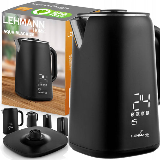 Elektrikli su ısıtıcısı Lehmann Aqua Black 20, 1,7 l, 1500 W, sıcaklık kontrolü, dokunmatik panel, sıcaklık muhafazası, temizleme modu, 230x210x145 mm, 1 kg, siyah