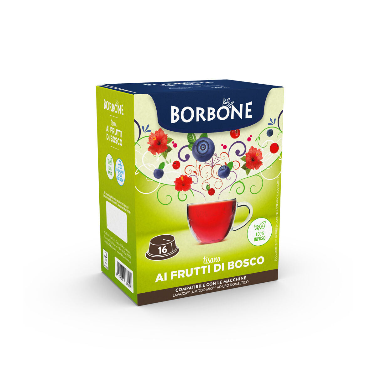 Meyvemsi notalar içeren 16 kapsül Borbone bitki çayı.