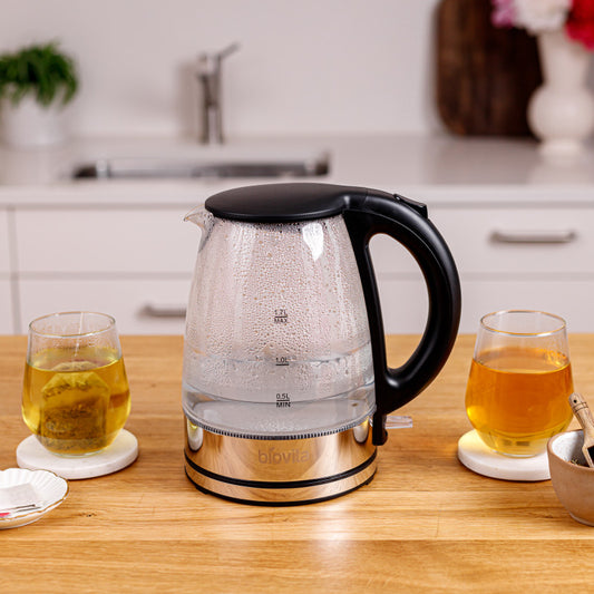 Elektrikli su ısıtıcısı Biovita Glassini, 1,7 L, 2200 W, cam/paslanmaz çelik, otomatik kapanma, LED aydınlatma